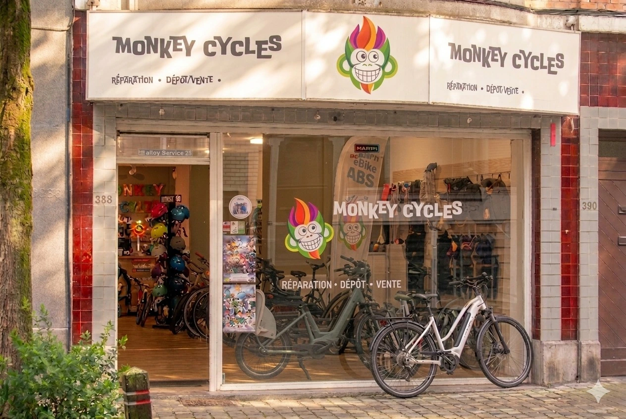 Façade du magasin Monkey Cycles, atelier vélo à Uccle